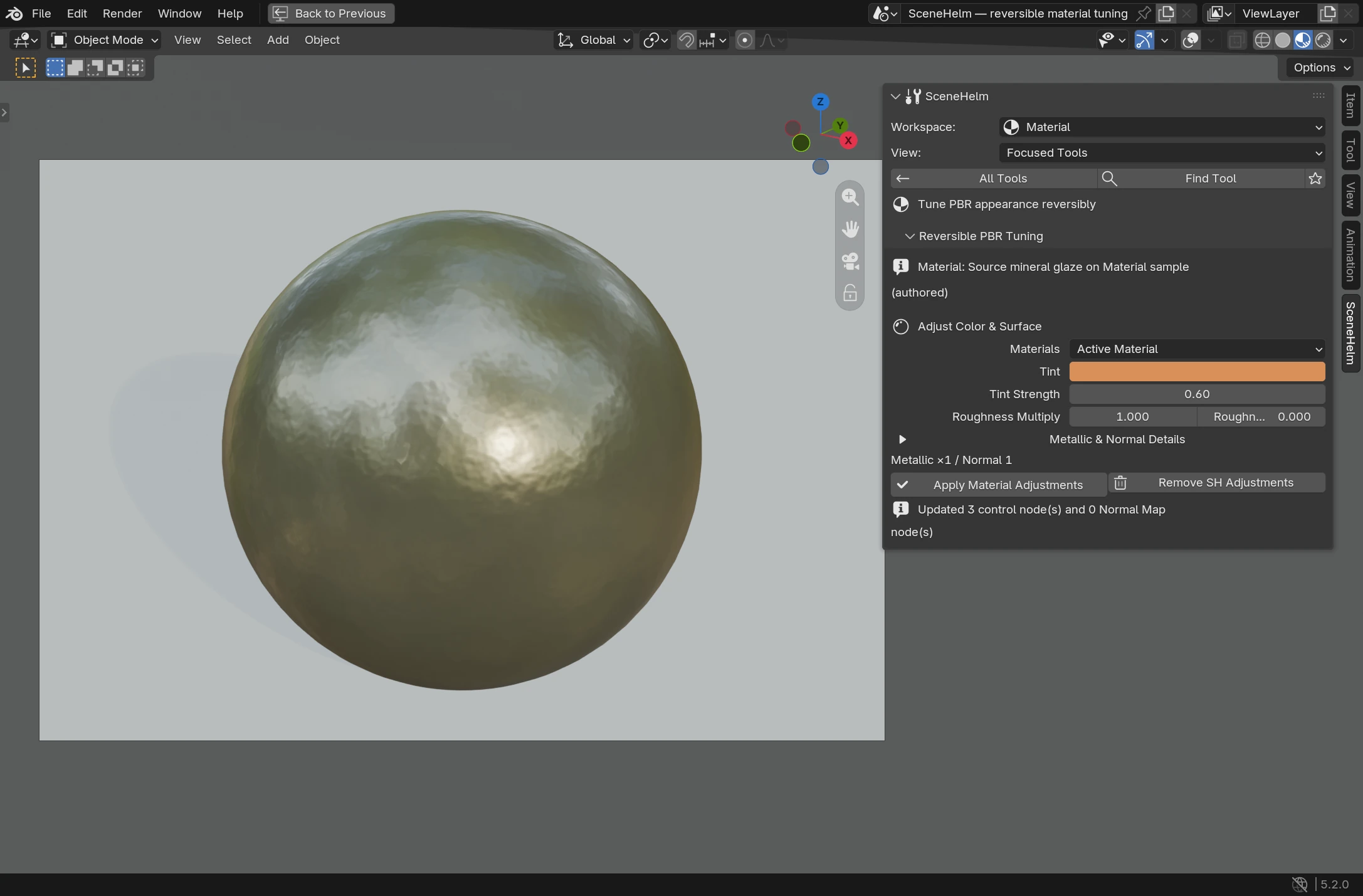 Reversible material adjustments in local Blender