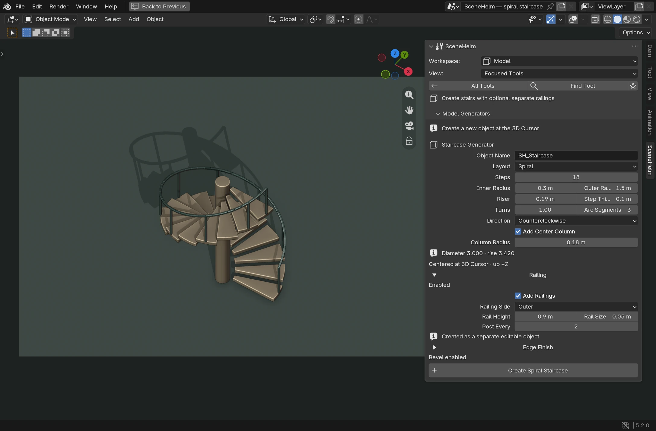 Spiral stairs and railings in local Blender