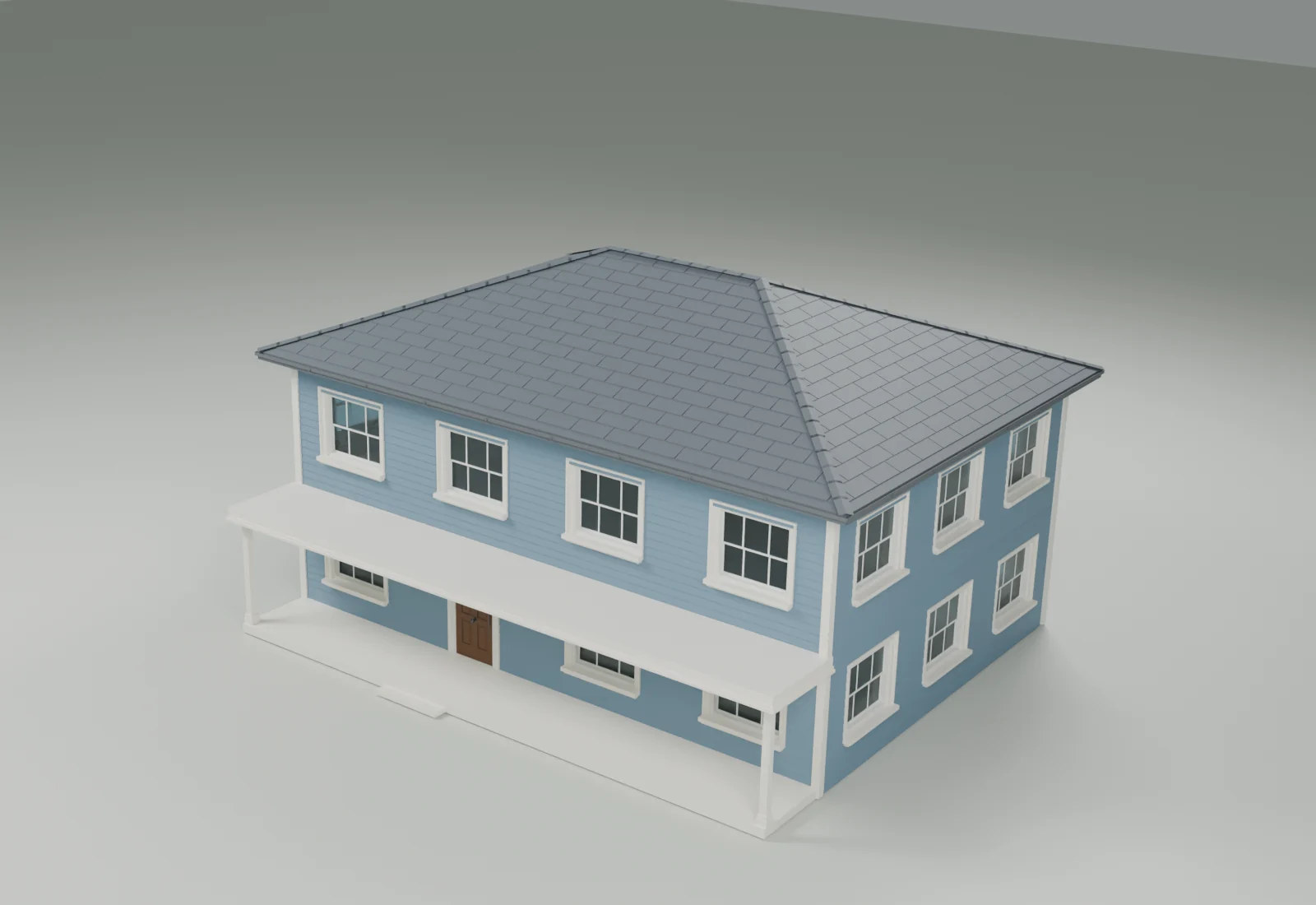 Current SceneHelm American Suburban building with detailed siding, windows, porch and roof, rendered in Blender 5.2